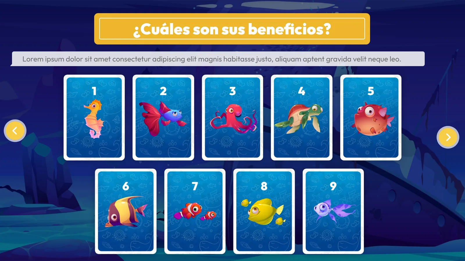 ¿Cuáles son sus beneficios?: nueve tarjetas numeradas con animales marinos, sobre un fondo submarino