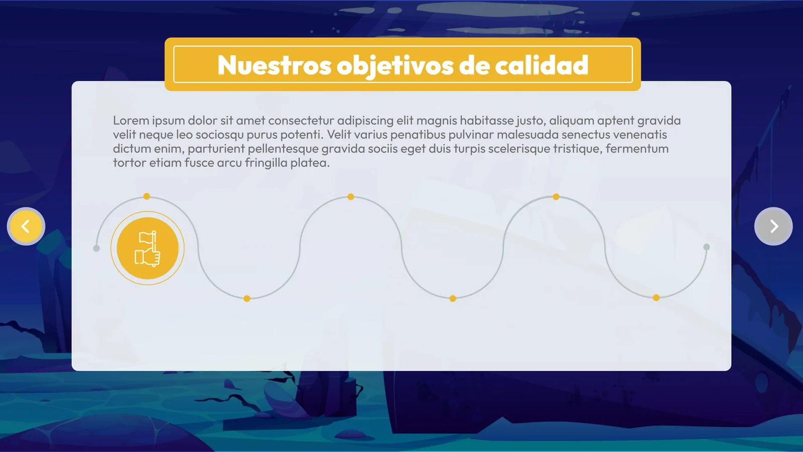 Nuestros objetivos de calidad: un camino con curvas y un primer círculo dorado con una bandera, sobre un fondo submarino