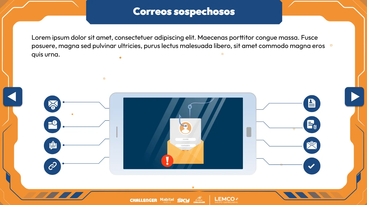 Correos sospechosos: una tableta con un correo de phishing rodeada de ocho íconos en círculos con las señales de alerta