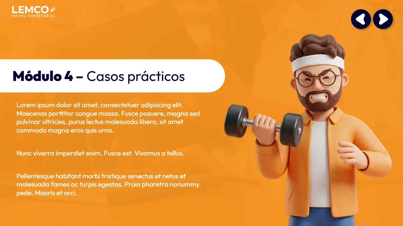 Módulo 4, Casos prácticos: un personaje en 3D con una pesa sobre un fondo naranja con el logo de LEMCO