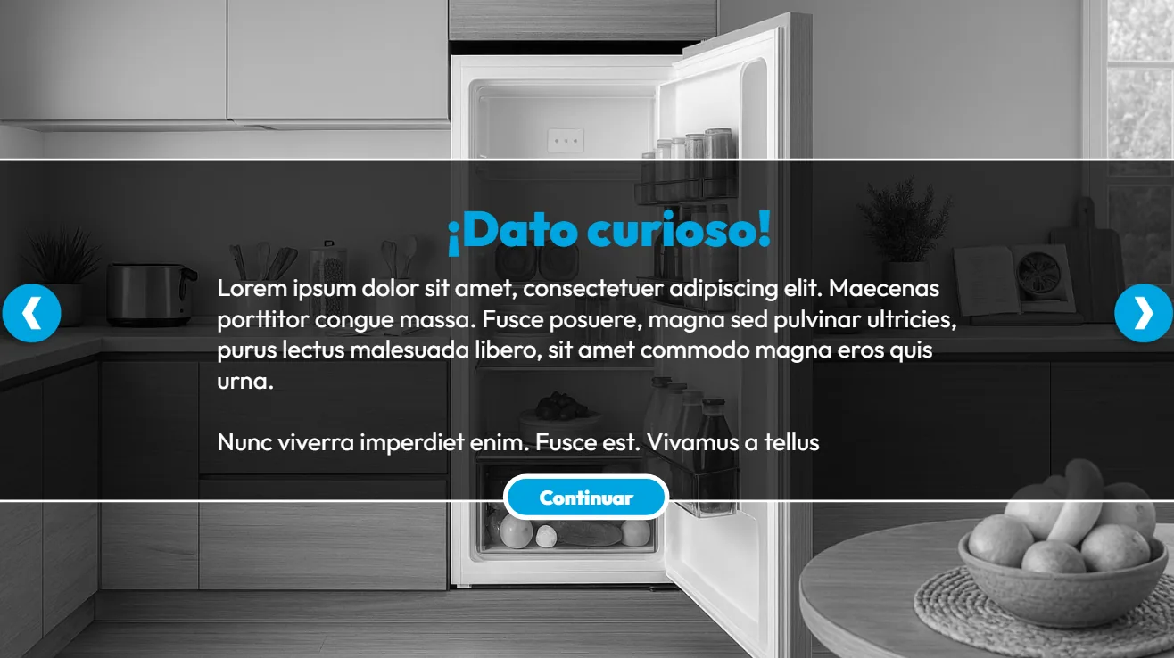 Pantalla de dato curioso sobre una foto en blanco y negro de una nevera abierta, con el botón Continuar