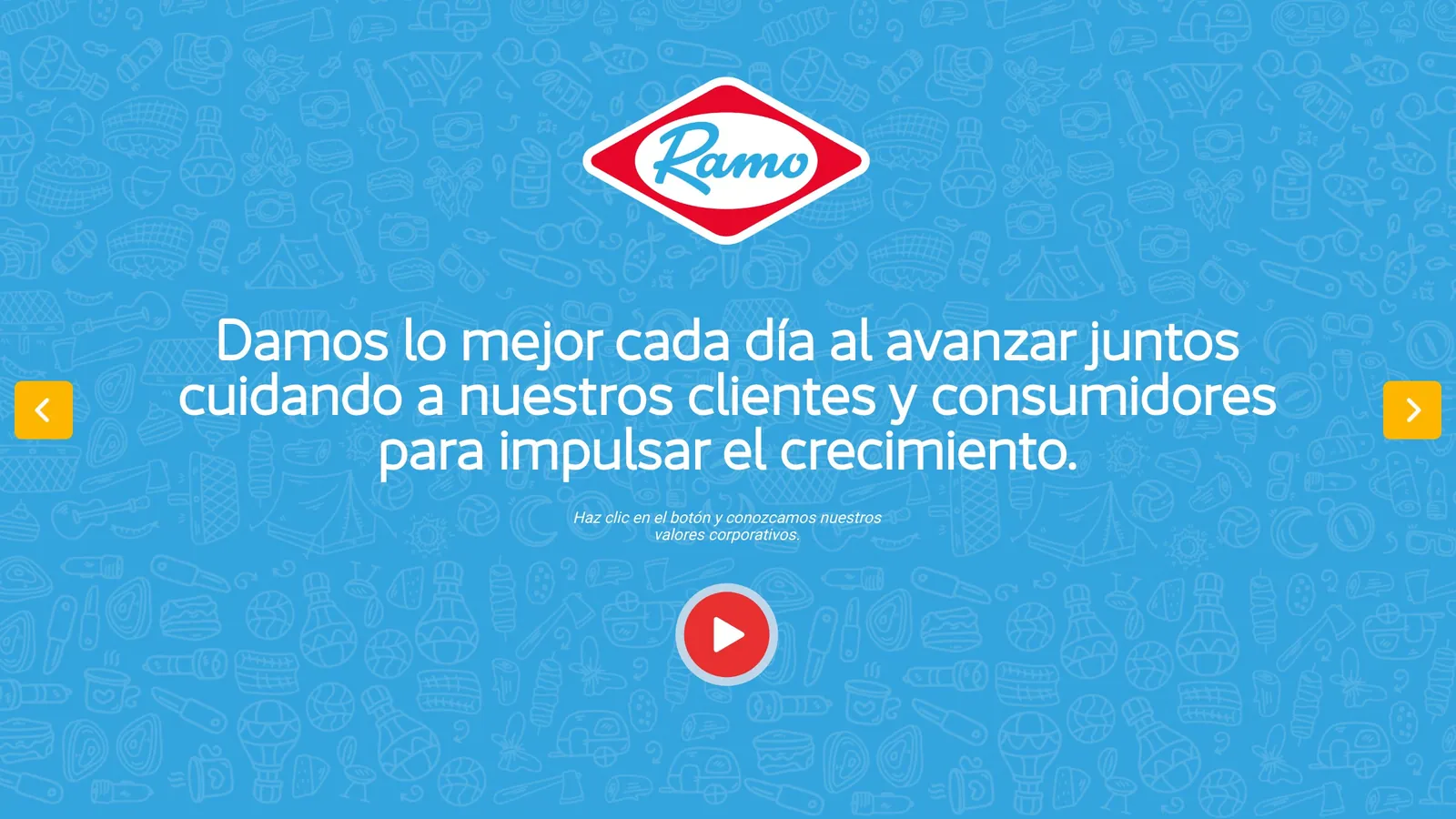 Portada de los valores corporativos: el logo de Ramo sobre un fondo celeste con la frase Damos lo mejor cada día al avanzar juntos y un botón de play