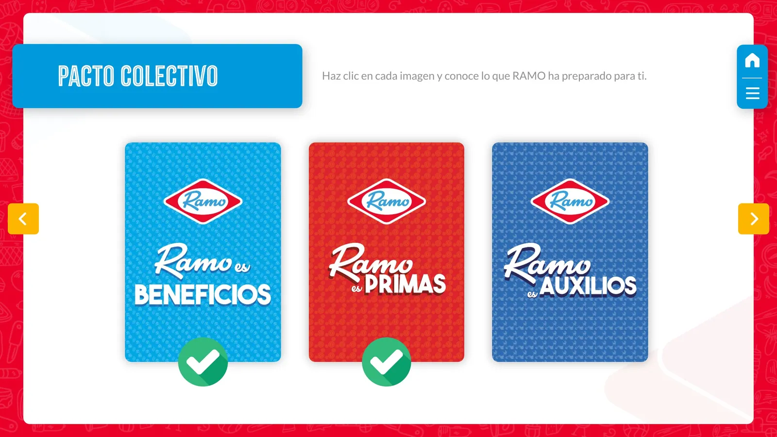 Pacto colectivo: tres tarjetas, Ramo es Beneficios, Ramo es Primas y Ramo es Auxilios, sobre un fondo rojo