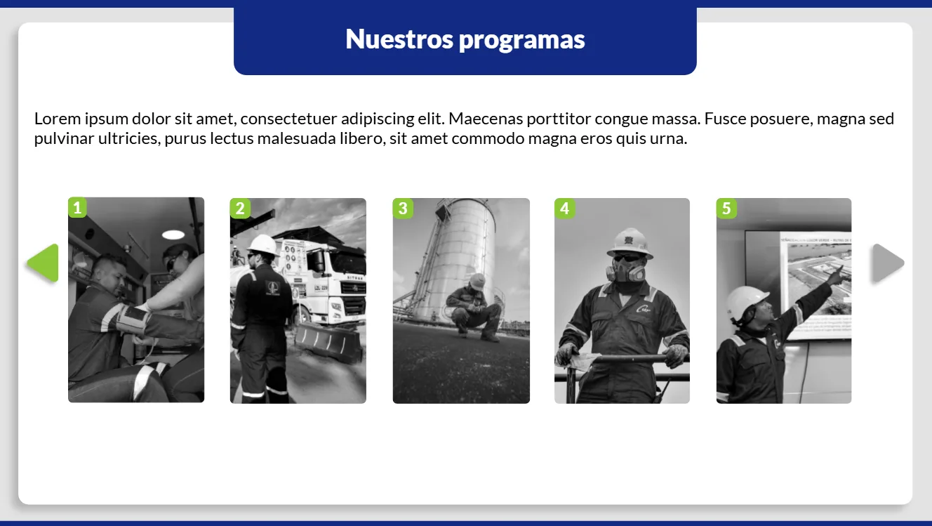 Menú principal, Nuestros programas: cinco fotos numeradas de personas trabajando en campo, para elegir cada tema