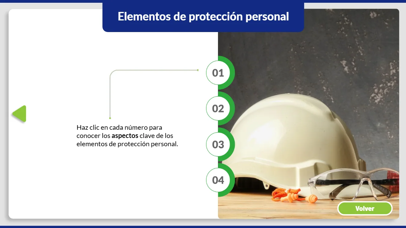 Pantalla de elementos de protección personal: cuatro números para explorar, junto a una foto de un casco, gafas y tapones de oído